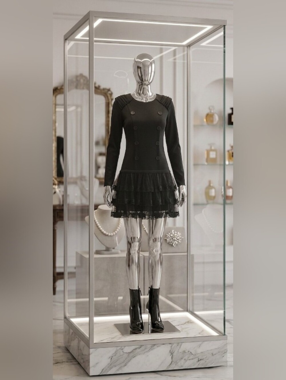 Goth Y2K Women's Black Long-Sleeve Double-Breasted Lace Tiered Mini Dress